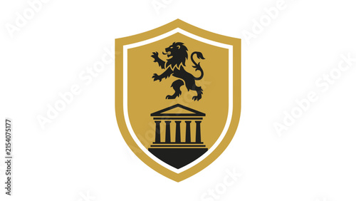 Heraldic Shield Emblem With Lion And Classic Temple Column Icon