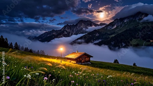 Mountain cabin at night with moonlight