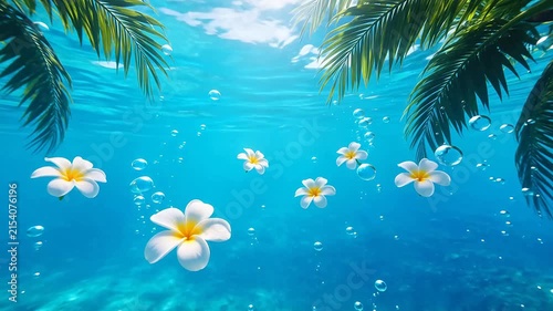Underwater tropical flowers and bubbles