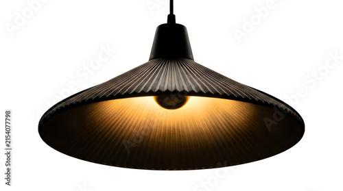 Modern black pendant lamp with a pleated texture and warm glowing light isolated on transparent background