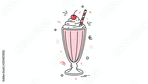 Delicious hand drawn pink milkshake with whipped cream and a red cherry on top in a classic tall glass on a white background.