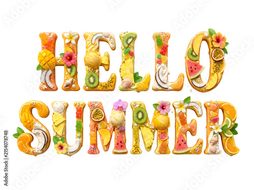 Hello summer typography made of tropical fruits, flowers, and sweets isolated on transparent background