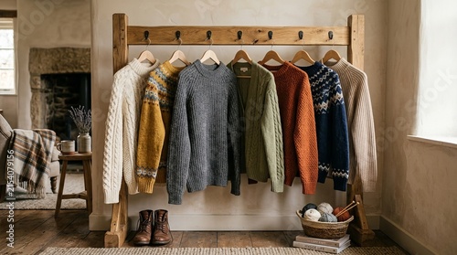 Colorful Clothing Arranged on Wooden Hanger in Bright Room Interior.