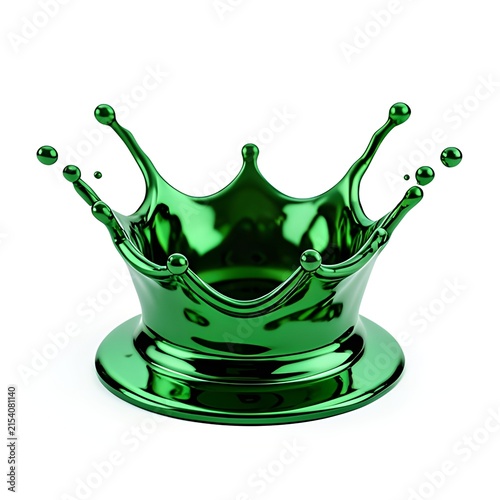 A green metal crown with splashing effect on a plain white background