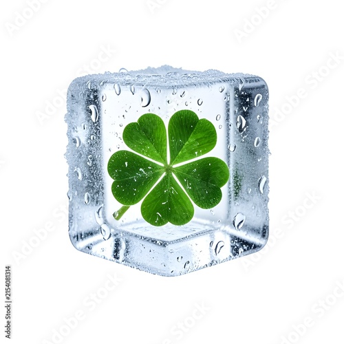 A four leaf clover frozen in a clear ice cube with water droplets