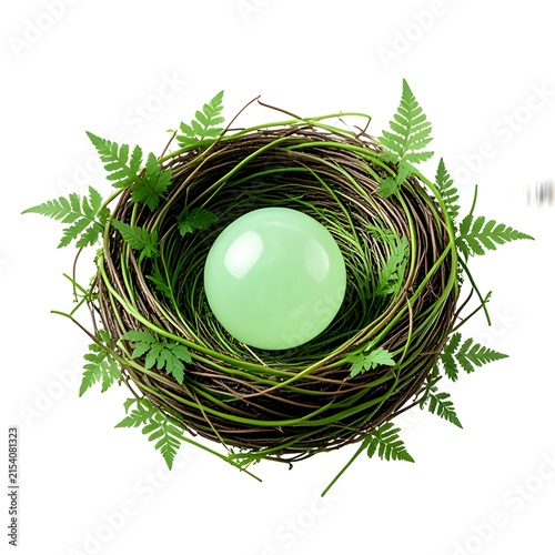 A bird's paradise: a light green egg nestled in a bed of twigs and ferns