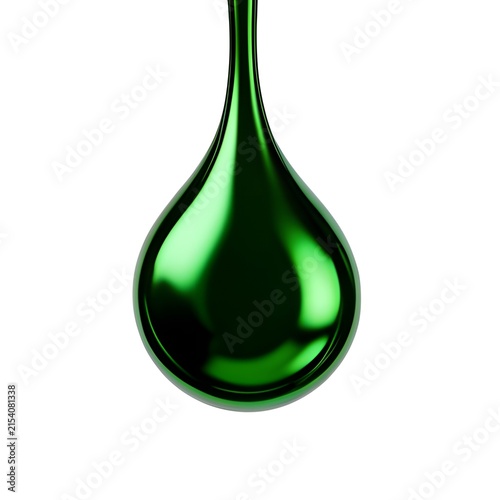 A close-up view of a green teardrop shaped object with a long neck