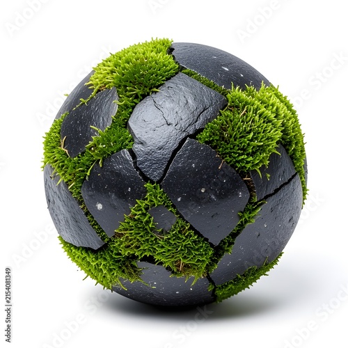 A weathered soccer ball overgrown with moss and lichen on a white background