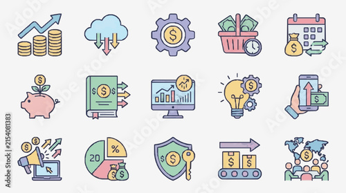Sleek Colorful Infographic Icons Showcasing Financial Growth Investment Savings and Business Concepts in Modern Style