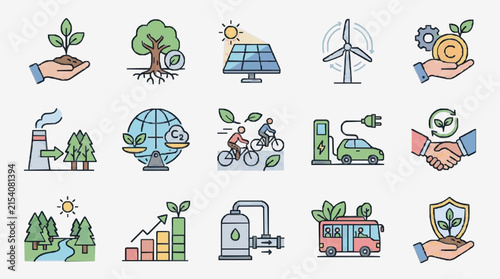 Sleek Colorful Illustrated Icons Set Featuring Sustainable Living Renewable Energy Eco Friendly Transportation and Environmental Conservation