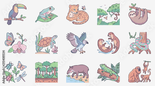 Sleek Colorful Illustrated Jungle Wildlife and Nature Elements Collection Featuring Tropical Birds Mammals Reptiles and Plants