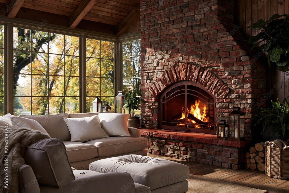 Fototapeta premium Rustic cabin living room featuring a bold red stone fireplace with a glowing fire and plush sofa for autumn interior design and cozy home living