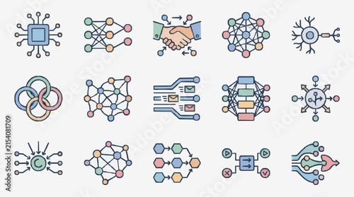 Sleek Colorful Illustrations of Network Structures Data Flow and Neural Concepts with Modern Minimalist Design