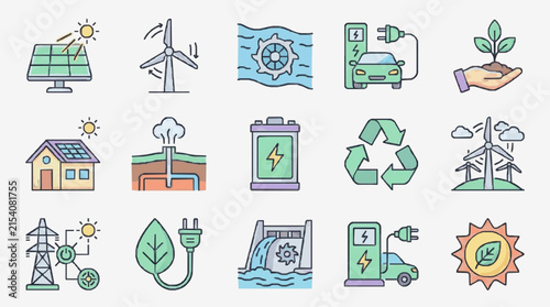 Sleek Colorful Illustrations of Renewable Energy and Eco Friendly Concepts with Modern Minimalist Design