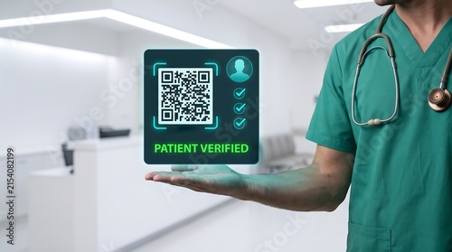 Digital healthcare QR code for patient verification held by doctor, medical professional in green scrubs using futuristic interface, secure health data access in modern hospital clinic