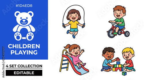 Flat Vector Icon Set of Diverse Children Playing Outdoor Games and Fun Childhood Activities