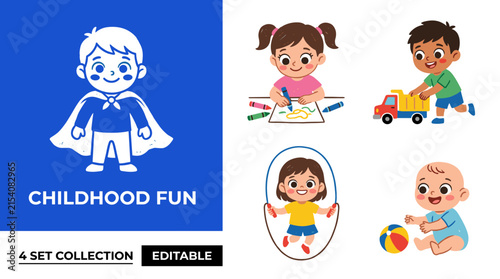 Comprehensive 2D Vector Illustration Set of Children Play Activities in a Playroom and Play Tent