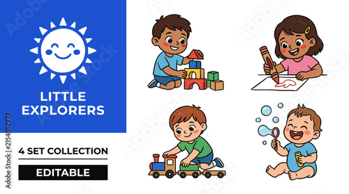 Comprehensive Collection of Four Hand Drawn Crayon Style 2D Vector Illustrations with Waxy Textures