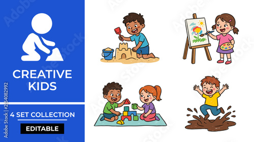 Comprehensive Collection of Four Individual 2D Vector Icons Showcasing Children and Childhood Theme