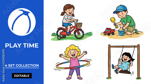 Comprehensive Flat Vector Illustration Set of Children's Play Activities, Kids Playing and Fun Games