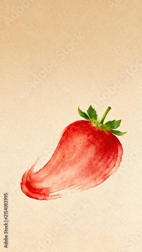 Strawberry with a realistic green calyx and a fluid watercolor body on a sandy beige background, featuring copy space for summer fruit campaigns