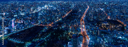 Panoramic night view of Osaka cityscape from Abeno Harukas observatory in Osaka, Japan.