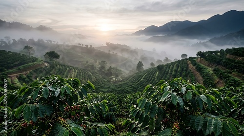 Sunrise over a misty mountain coffee plantation