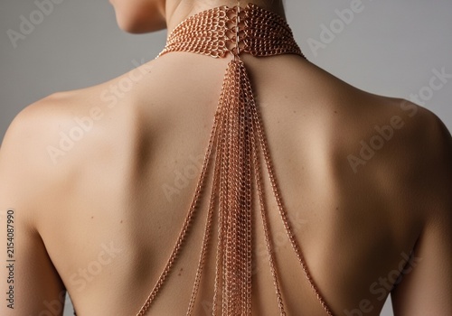 Woman wearing a stylish golden chain necklace on her bare back