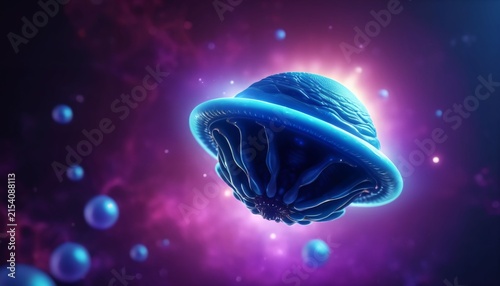 Glowing microscopic organism floating in colorful biological environment
