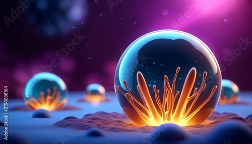 Glowing cellular organism emerging from microscopic surface