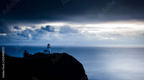 Serene lighthouse situated on a rugged headland during a calm twilight with soft, diffused light over the ocean, symbolizing safety, hope, and quiet contemplation by the sea.