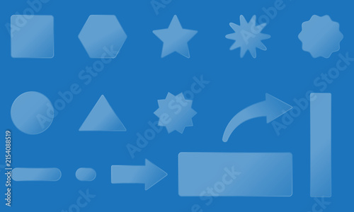 Transparent glass shapes collection with glossy geometric forms, arrows, stars, circles and rounded rectangles