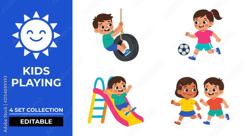 Naklejka premium Set of four vibrant 2D vector icons featuring happy children playing and learning activities