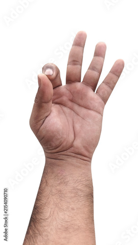 A hand forming the OK gesture signifying success and agreement with a clean white background and clear focus