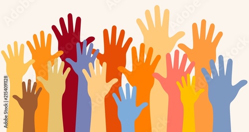 Hands raised in the air, symbolizing voting, support, applause, questions, or solidarity. Hand-drawn colorful illustration. Diversity of people