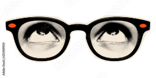 Halftone cutout illustration of an eye wearing glasses looking upward in retro pop art vector style
