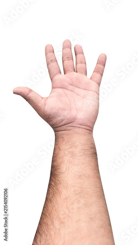 A man s open palm reaching upwards in a gesture of welcome or counting isolated on a white background with clean studio lighting