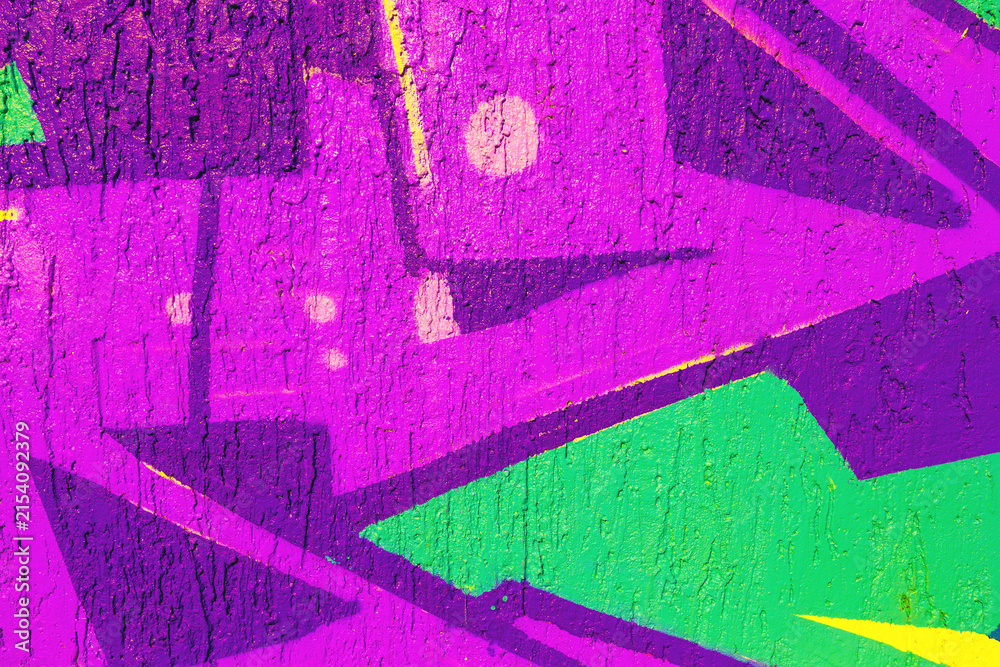 Naklejka premium Abstract graffiti art with purple, green, yellow colors. Neon 80s style, fluorescent glow, bold geometric shapes. Urban wall texture, street art, digital art, creative banner, summer visuals.