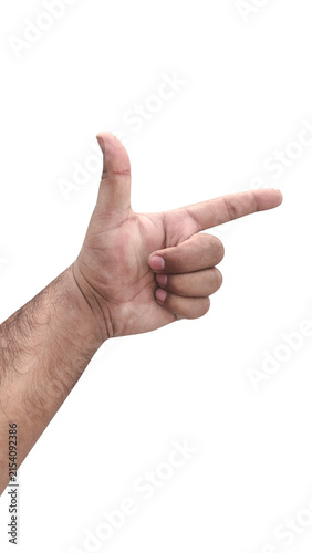 A man s hand making a gun gesture indicating direction or target with a clear white background studio shot