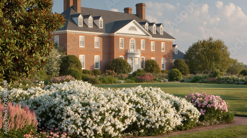 Elegant red brick colonial mansion with white pillars and flowering garden on a sunny estate