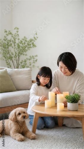 親子がキャンドルを灯すリビングと犬