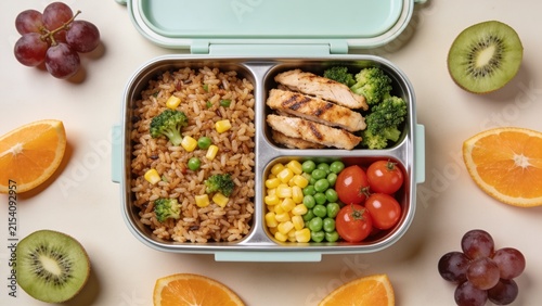 Balanced Healthy Lunch Bento Box with Grilled Chicken Fried Rice Vegetables and Fresh Fruits Top View