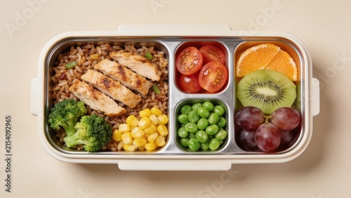 Healthy Grilled Chicken Bento Box with Brown Rice Fresh Fruits and Vegetables