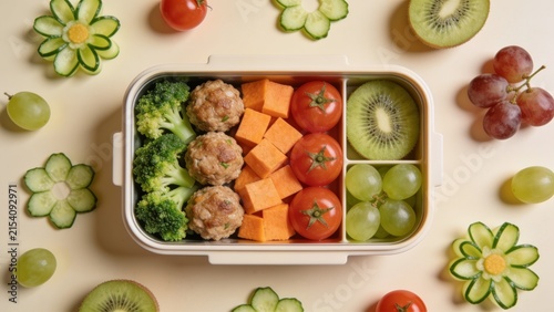 Healthy and Colorful Bento Box Lunch with Meatballs Fresh Vegetables and Fruit