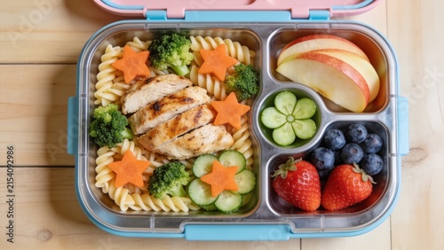 Healthy Kids Bento Box Lunch with Grilled Chicken Pasta Fresh Fruits and Vegetables