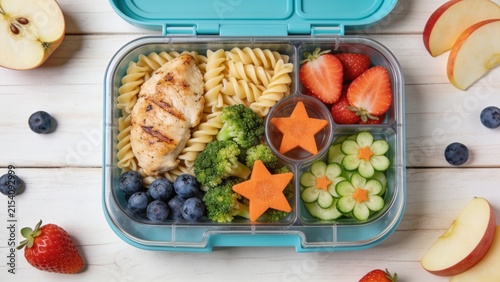 Vibrant and Healthy Kids Bento Box Lunch with Grilled Chicken Pasta Fresh Fruits and Vegetables