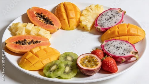 Colorful Exotic Fruit Platter with Papaya Mango Dragon Fruit Kiwi Passion Fruit Pineapple and Strawberries