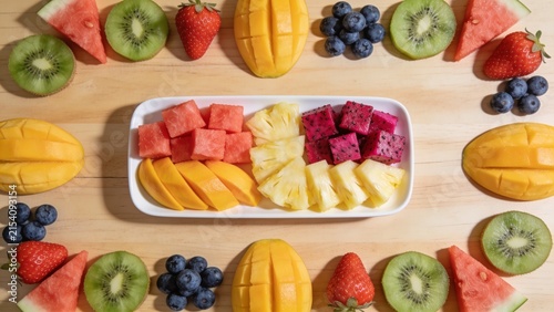 Vibrant Fresh Tropical Fruit Platter with Assorted Slices on Wooden Background