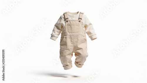 Neutral Baby Overalls and Cream Long Sleeve Top Set Floating on White Background