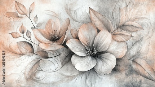 Elegant hand drawn floral illustration with soft peach and grey tones for modern home wall decor and artistic interior wallpaper design.